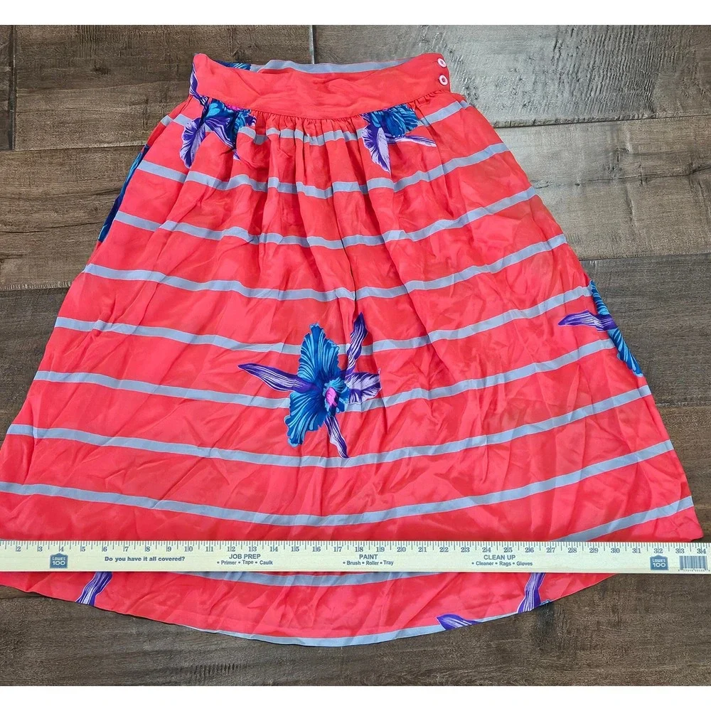 RARE VTG Irka 100% Silk 2 Piece Skirt‎ Set Coral Pink Blue Orchid Floral Stripe